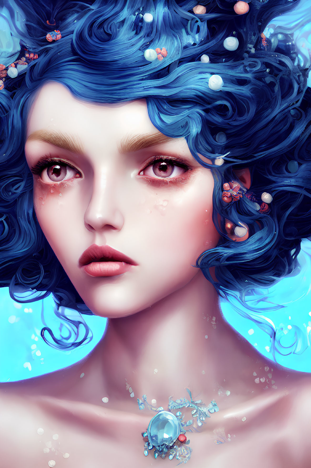 Digital portrait of woman with vibrant blue hair, red flowers, pearls, and bubbles on light blue background