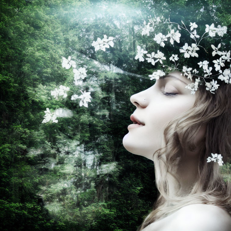 Woman with Floral Crown Blended in Forest Background