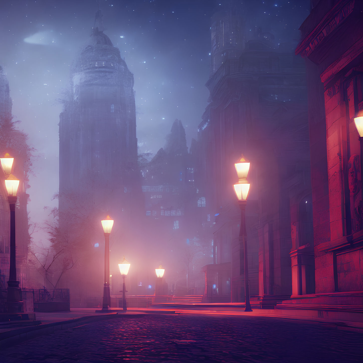 Misty twilight cityscape with glowing street lamps and old buildings under a starry sky