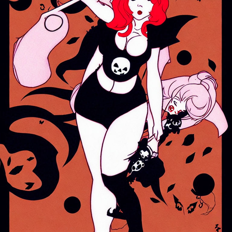 Stylized Women with Red & White Hair in Black Outfits & Skull Motifs