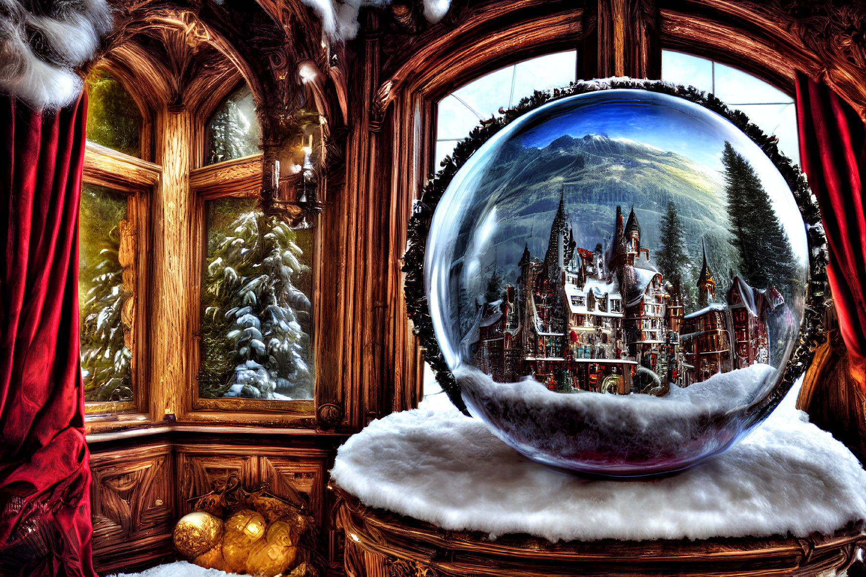 Elegant room with large snow globe featuring wintry castle next to snowy pine trees.