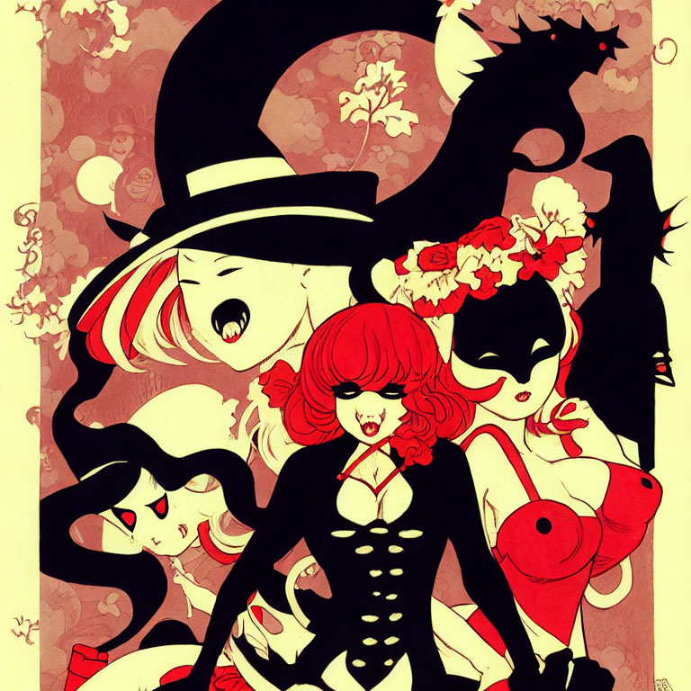 Whimsical gothic illustration of four female figures in red, black, and white