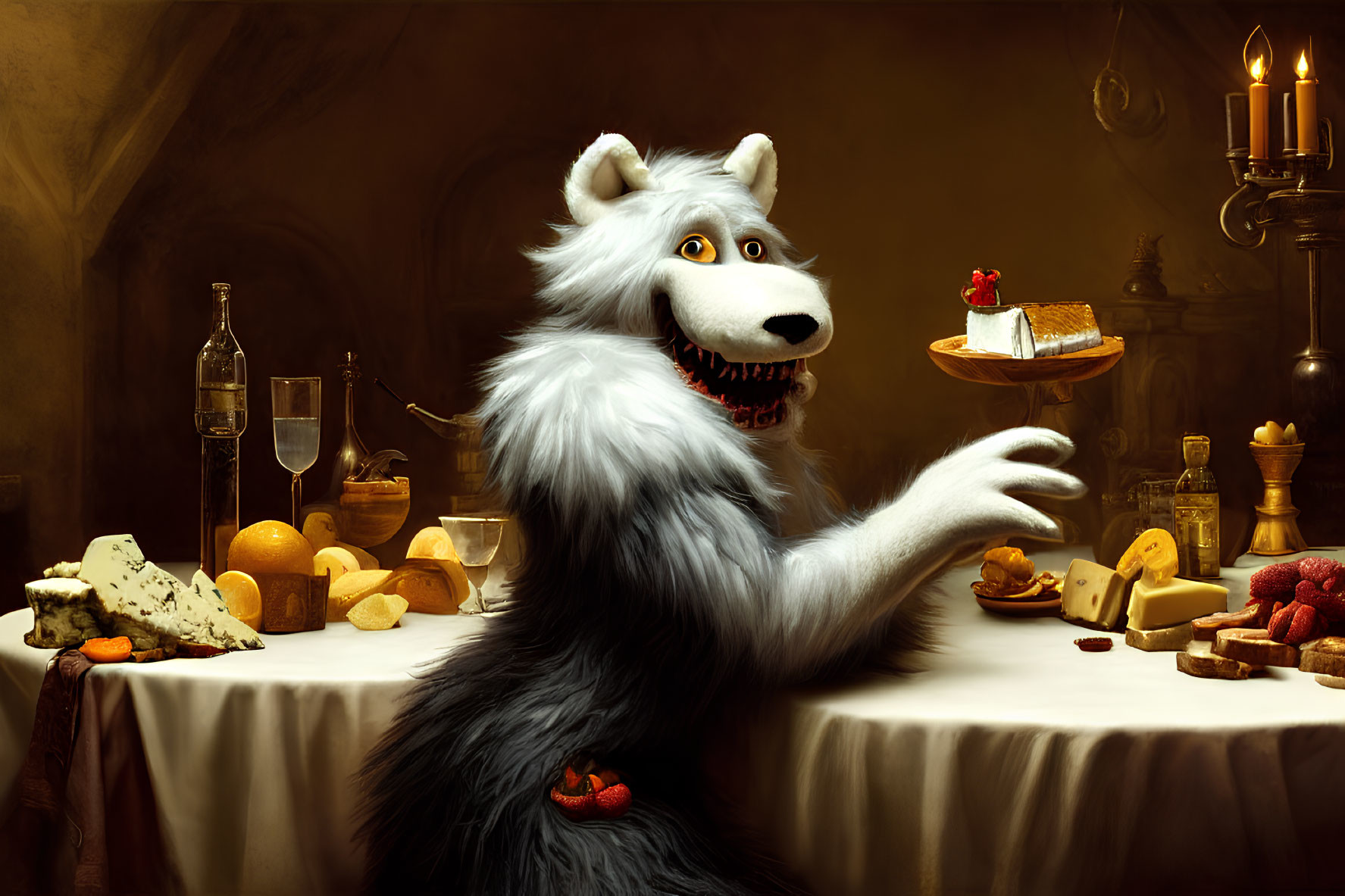 Anthropomorphic wolf serving cheese and wine in luxurious candle-lit scene