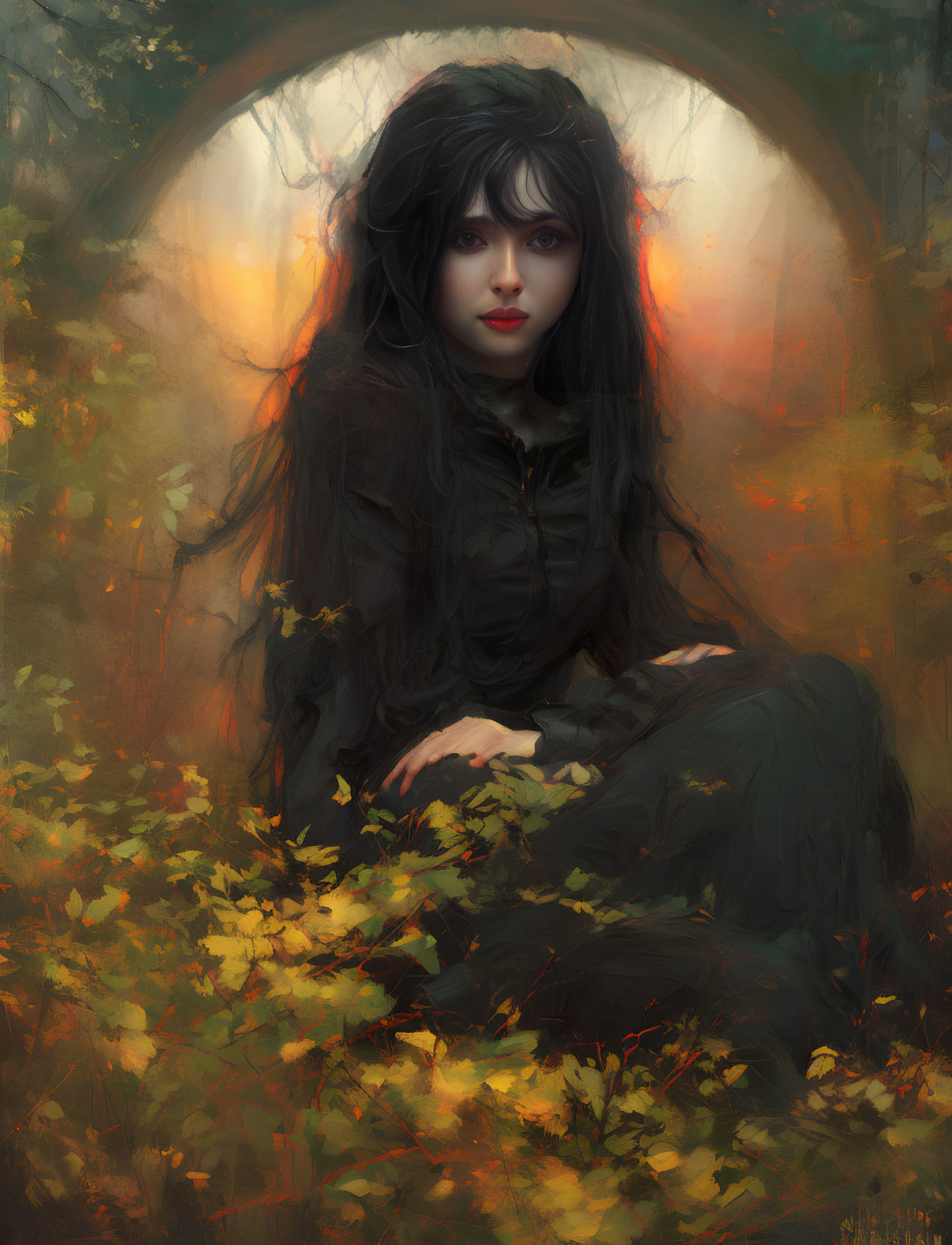 Woman with long dark hair in autumn leaves under soft backlight.