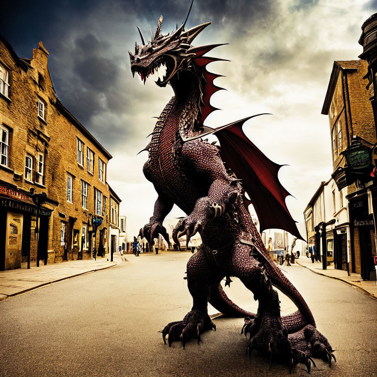 Red-eyed dragon with spread wings in old street under cloudy sky