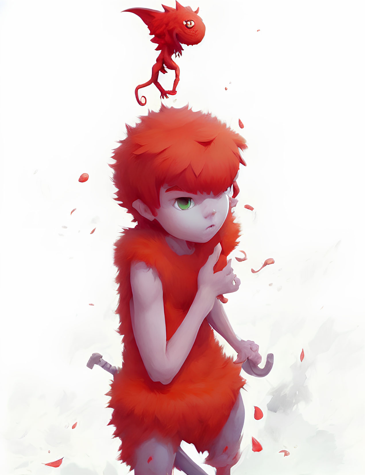 Red-haired character in fluffy orange outfit with green-eyed winged creature on white background