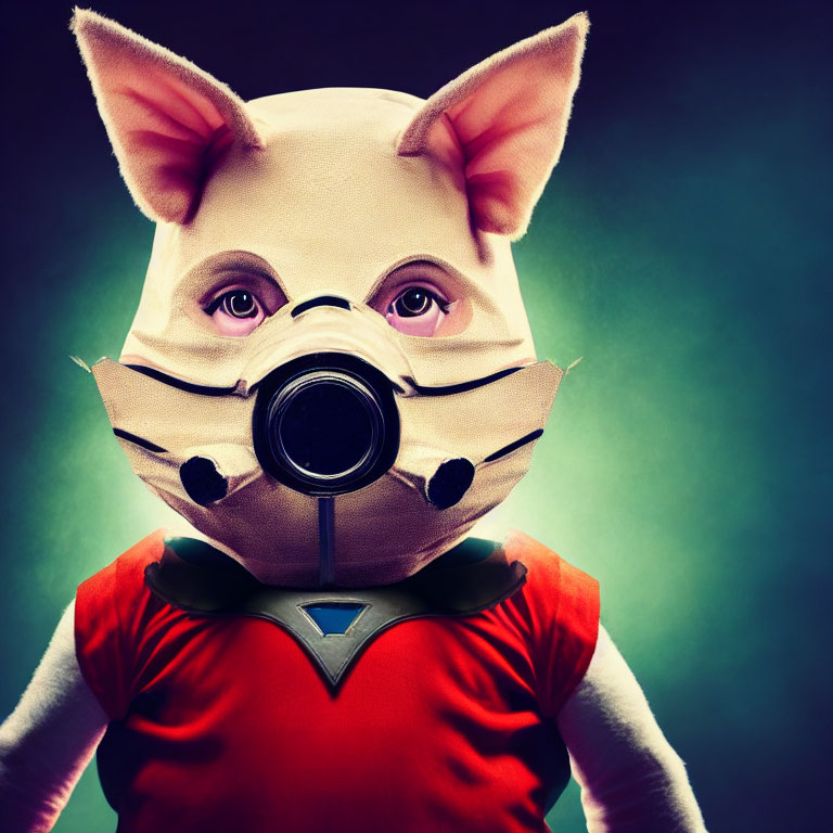 Person in Pig Mask with Gas Mask Feature in Red and Orange Costume on Dark Background