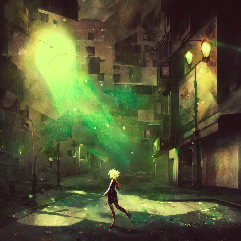 Abandoned city street with surreal green glow