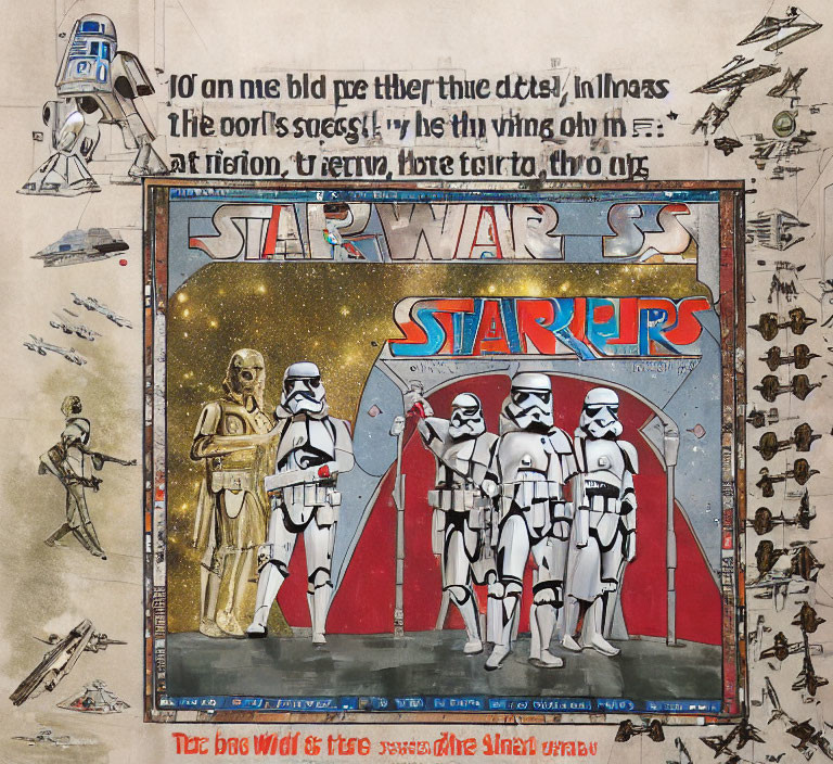 Colorful Vintage Star Wars Poster with C-3PO and Stormtroopers