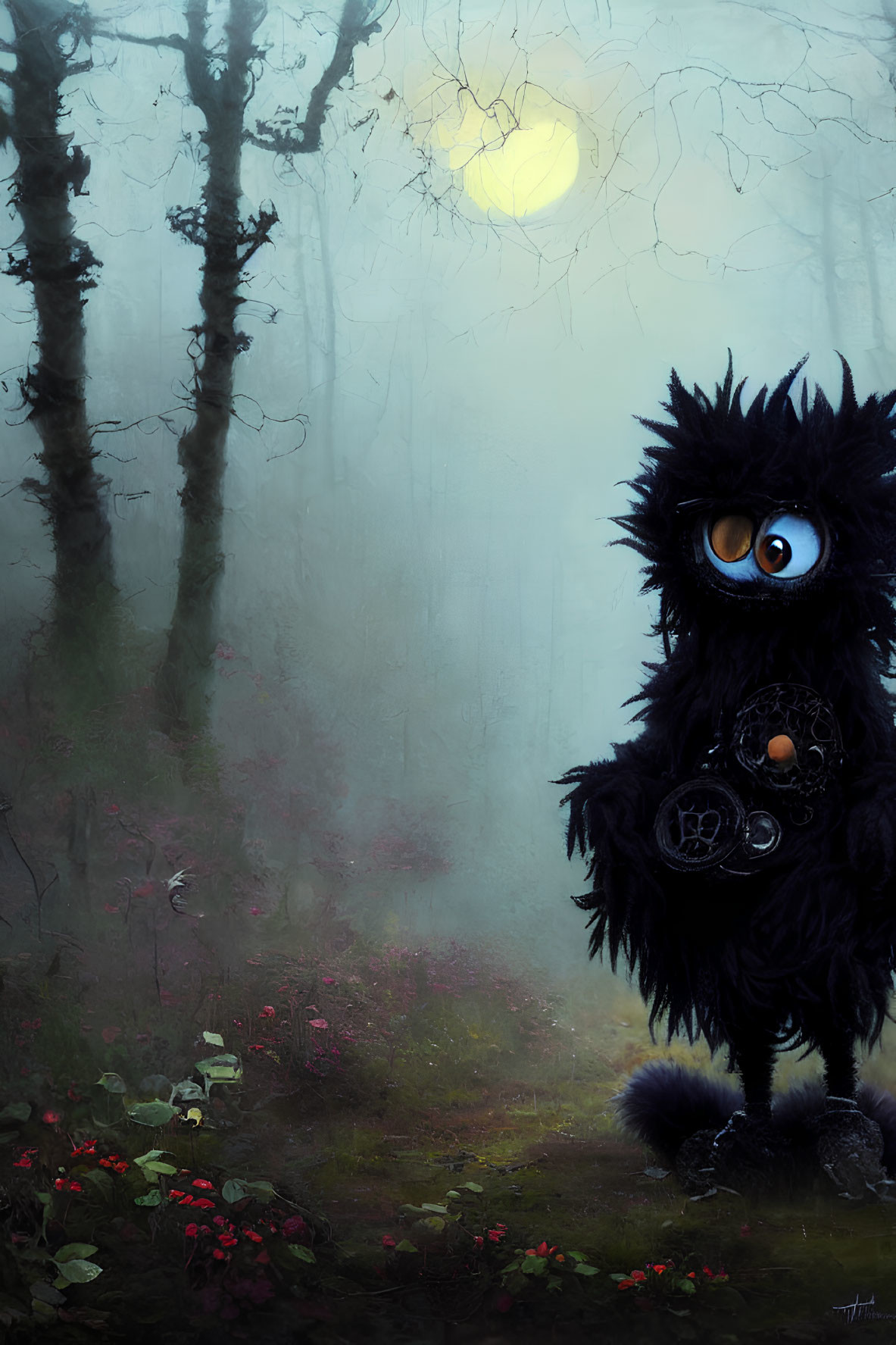 Furry black creature with blue eyes in misty forest with mechanical device