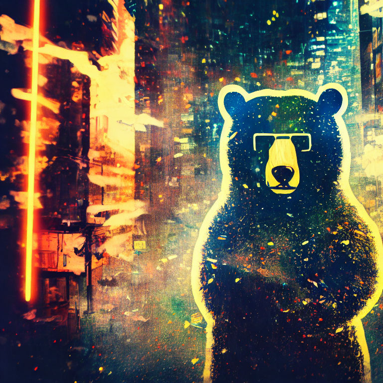 Stylized bear graphic in neon-lit urban setting