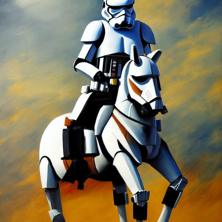 Stormtrooper on white horse with armor in orange and blue gradient.