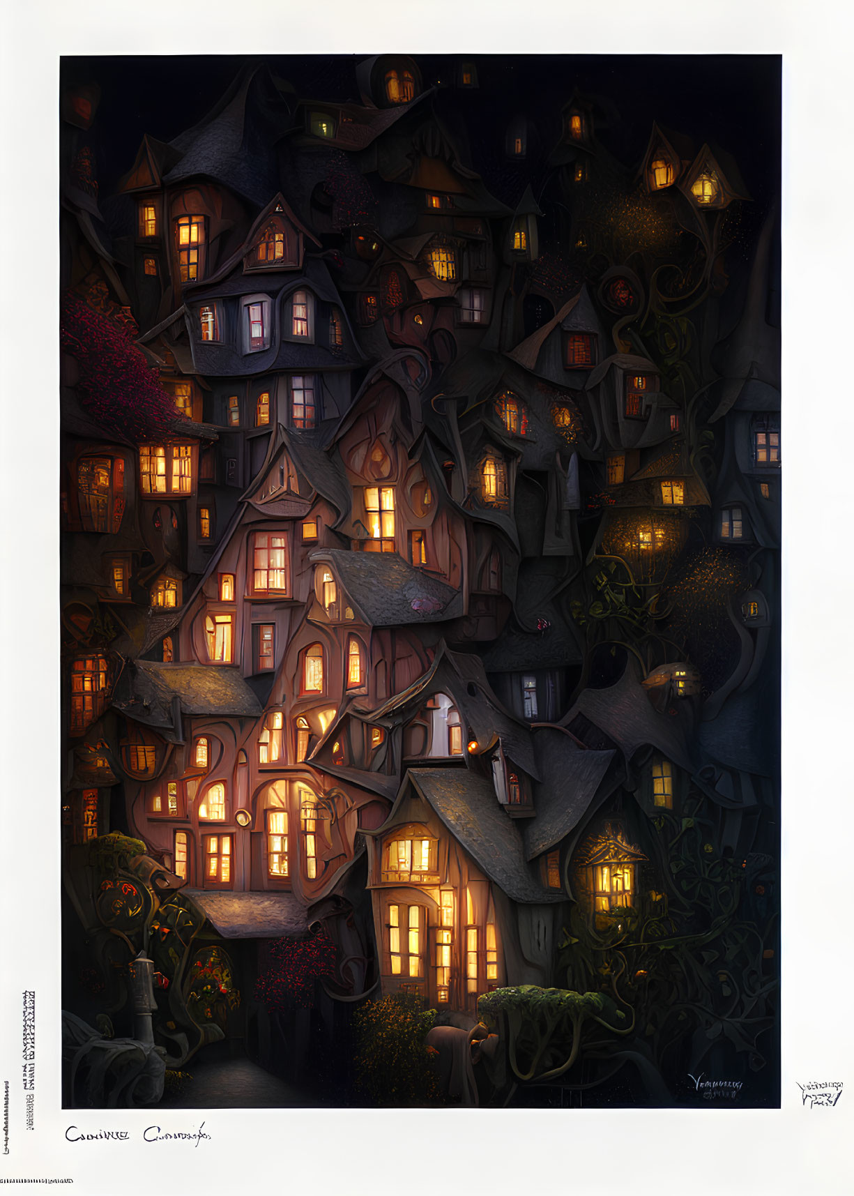 Illustration of Cozy Houses Nestled Among Twisting Trees at Night