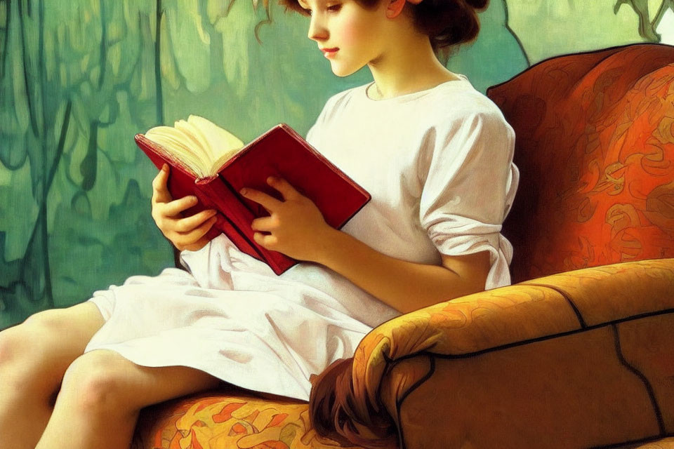 Young girl in white dress reading red book on orange sofa with green backdrop