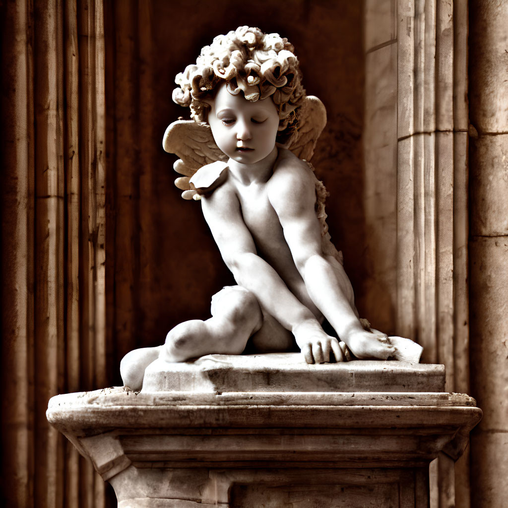 Sepia-toned cherubic stone statue with angelic wings on pedestal against columned backdrop