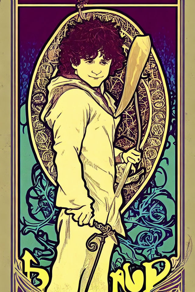 Curly-Haired Person with Sword in Oval Border, Warm Color Palette