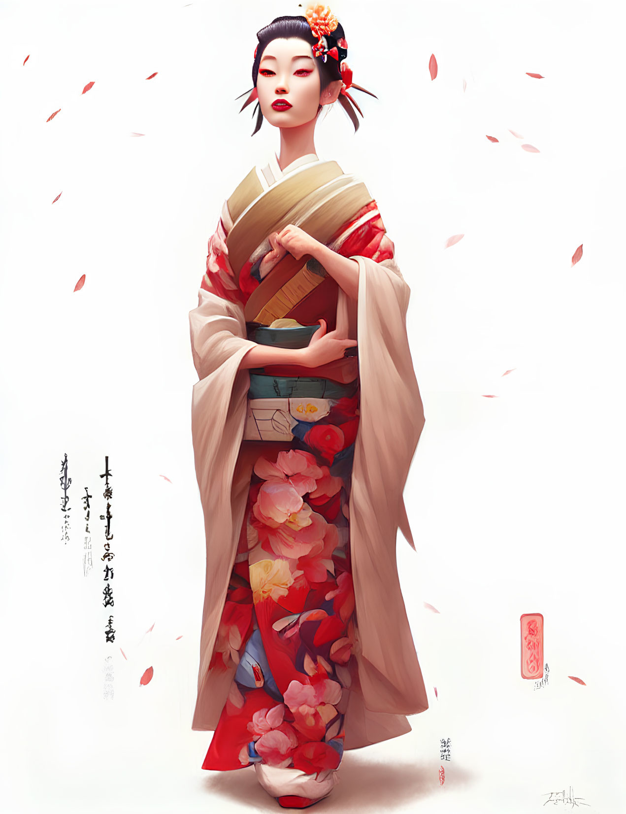 Traditional Japanese Geisha in Floral Kimono with Fan and Falling Petals