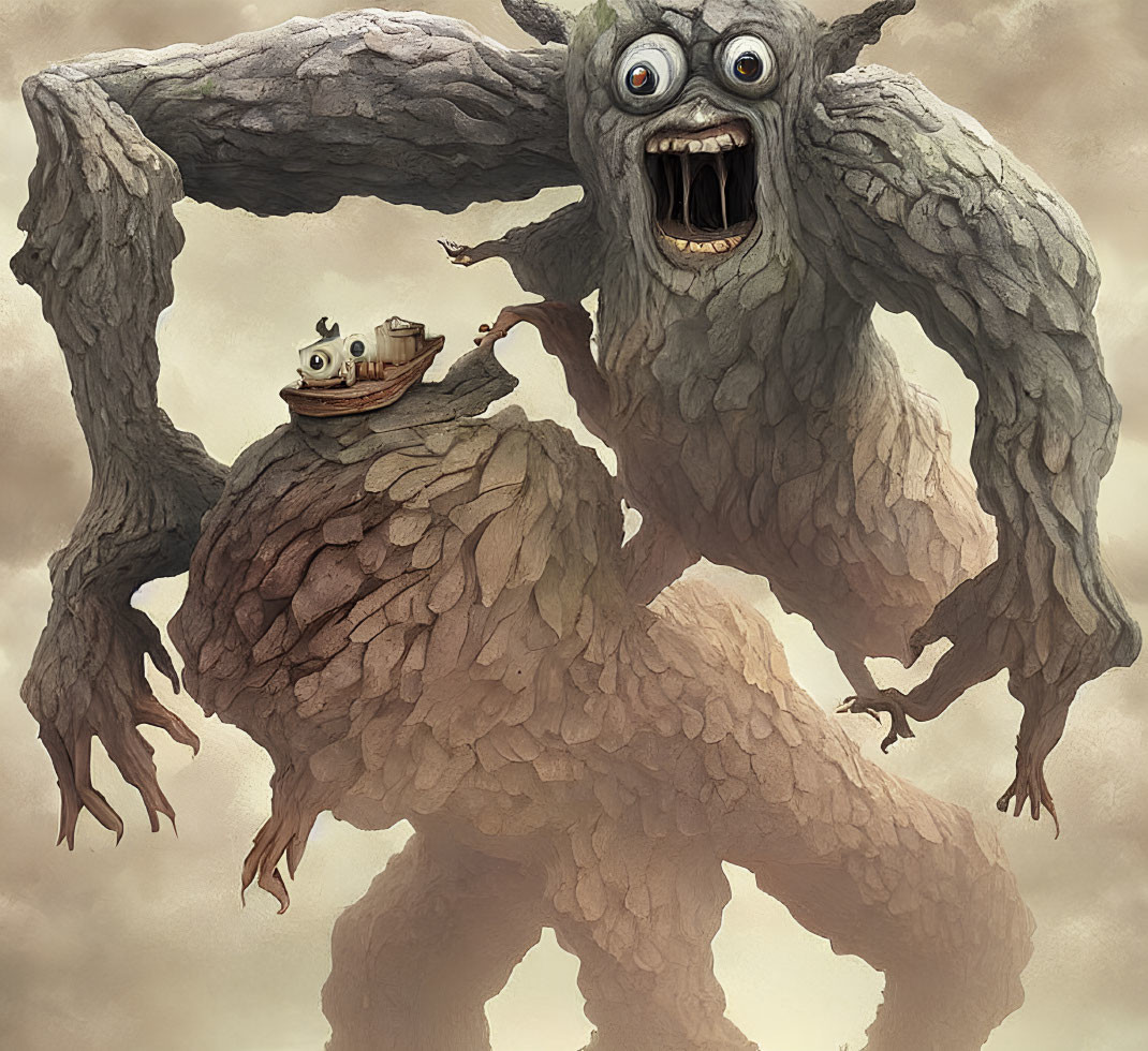 Fantastical image: Large creature with tree-like arms, wide eyes, textured skin, open mouth