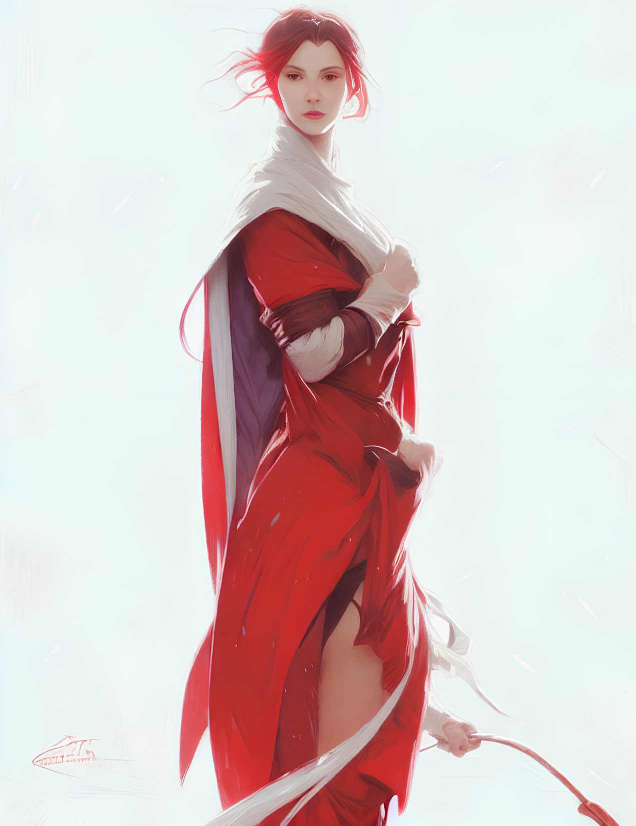 Woman in flowing red dress and white scarf, hair tousled by wind