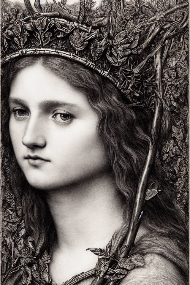 Detailed pencil drawing of a woman with leaf crown and intricate foliage background