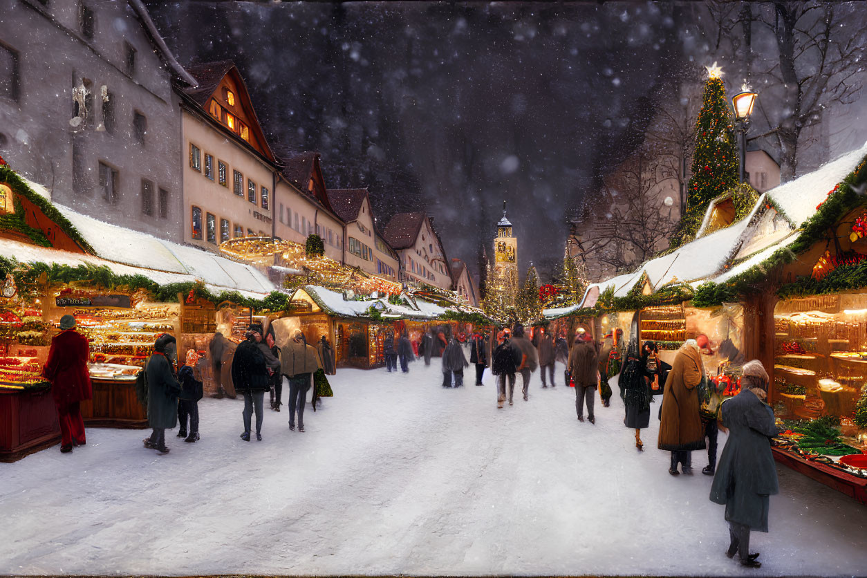 Festive Christmas Market at Dusk with Snow, Lights, and Historical Buildings