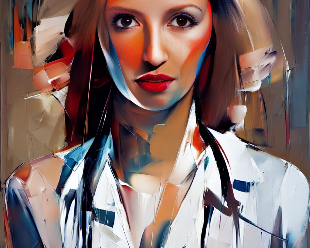 Abstract painting: Woman with Blue and Red Accents, White Blouse