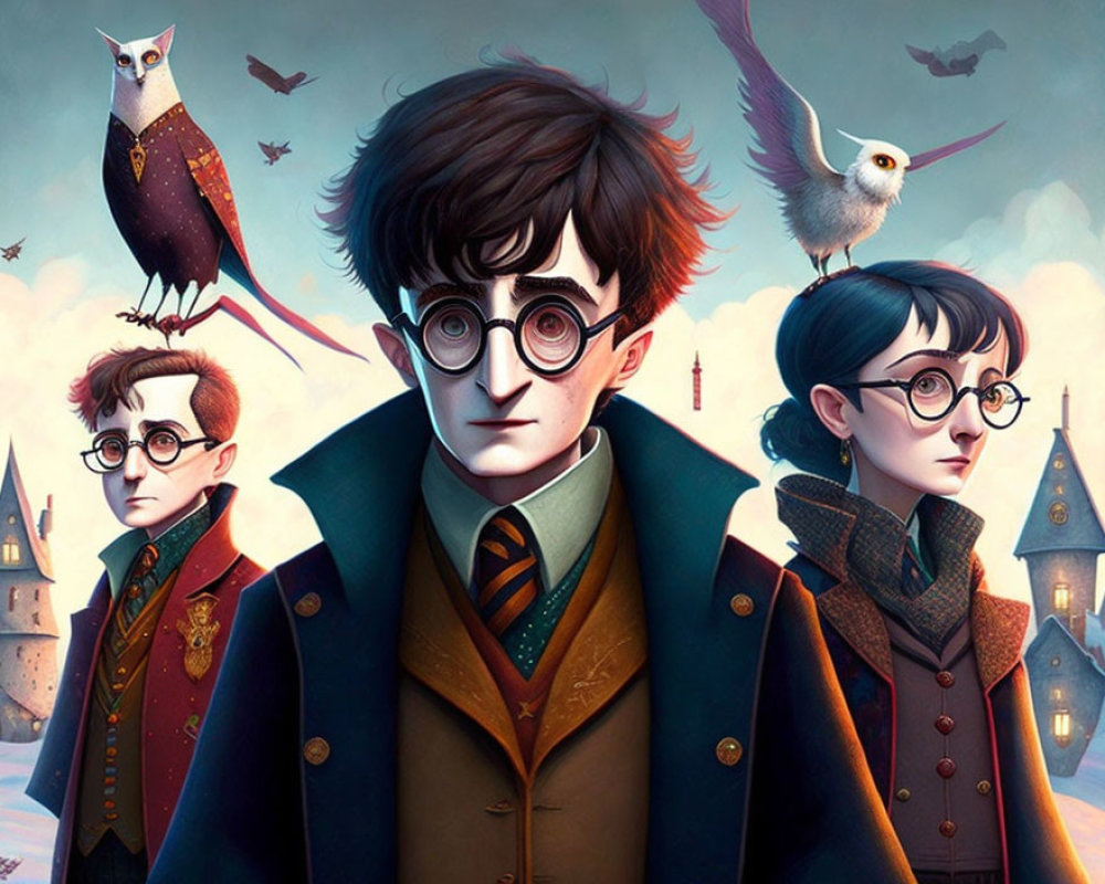 Three young wizard characters with owls and castle in animated image