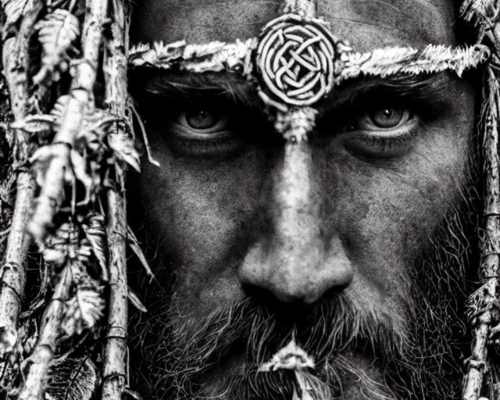 Monochrome portrait of stern man with intense eyes and Celtic knot headband amid woven twigs