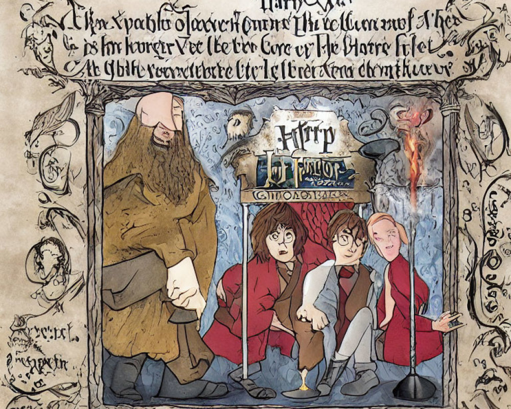 Medieval manuscript style illustration of three Harry Potter characters