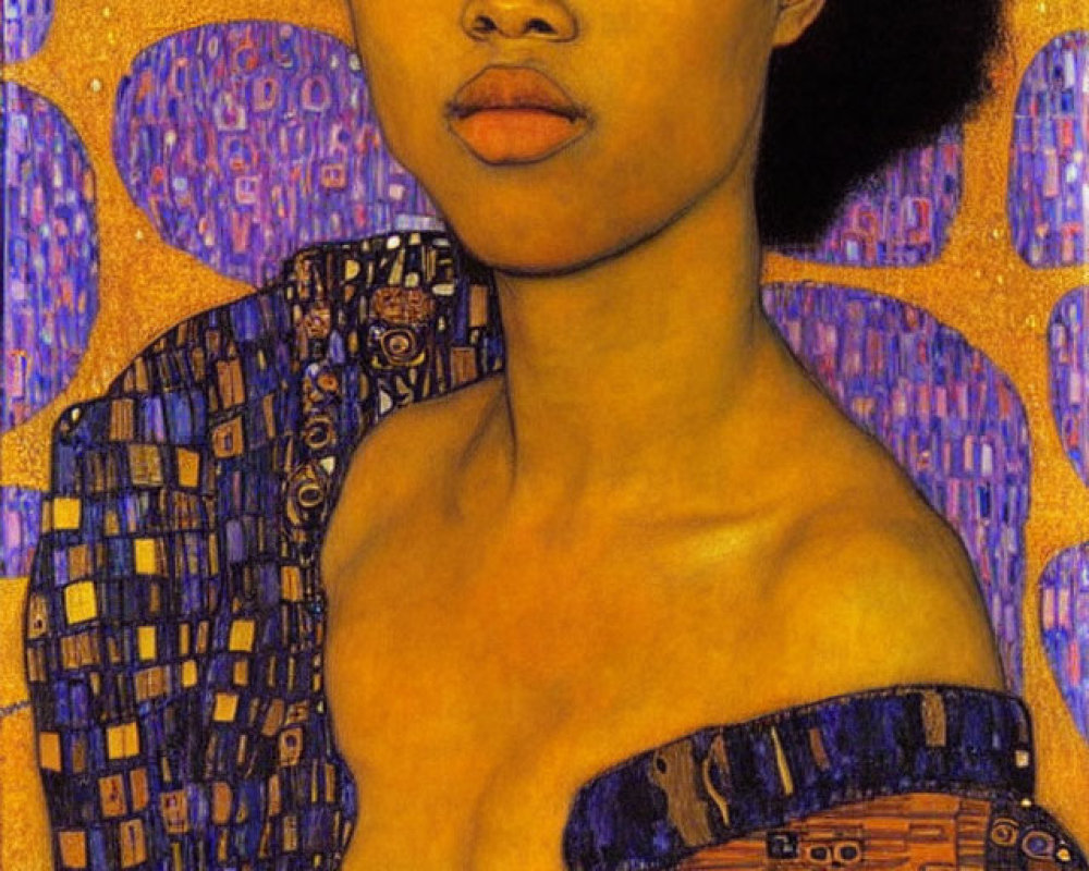 Portrait of woman with afro in front of golden backdrop with purple circles, wearing patterned attire