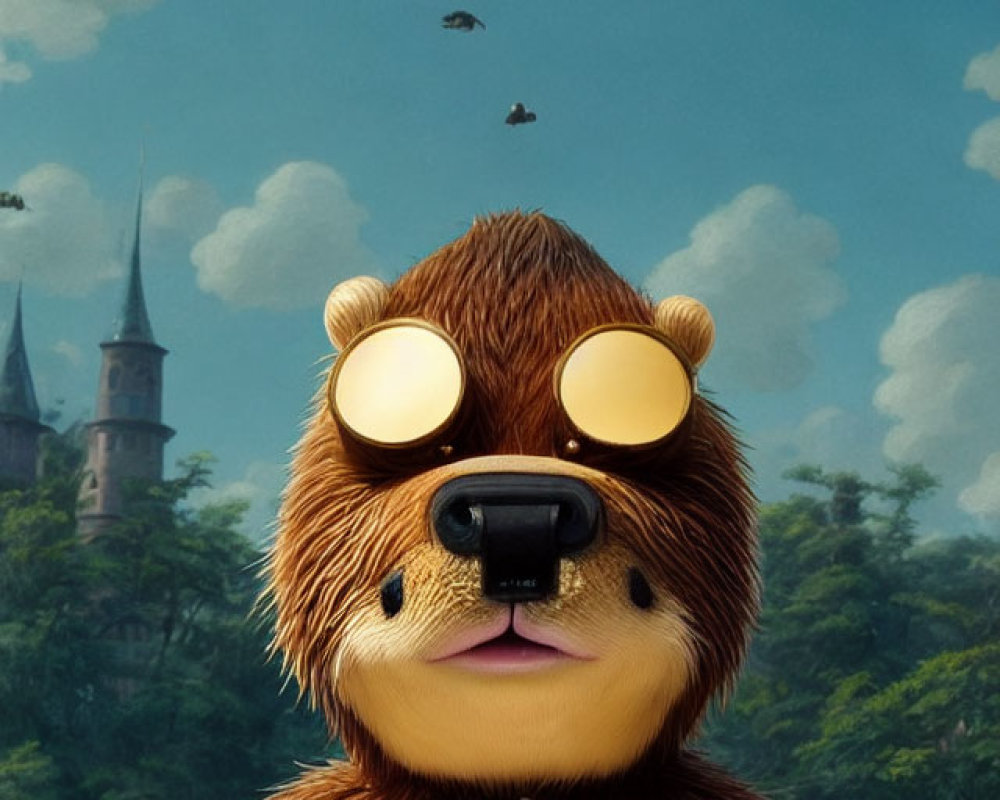 Anthropomorphic beaver with glasses in front of castle scenery