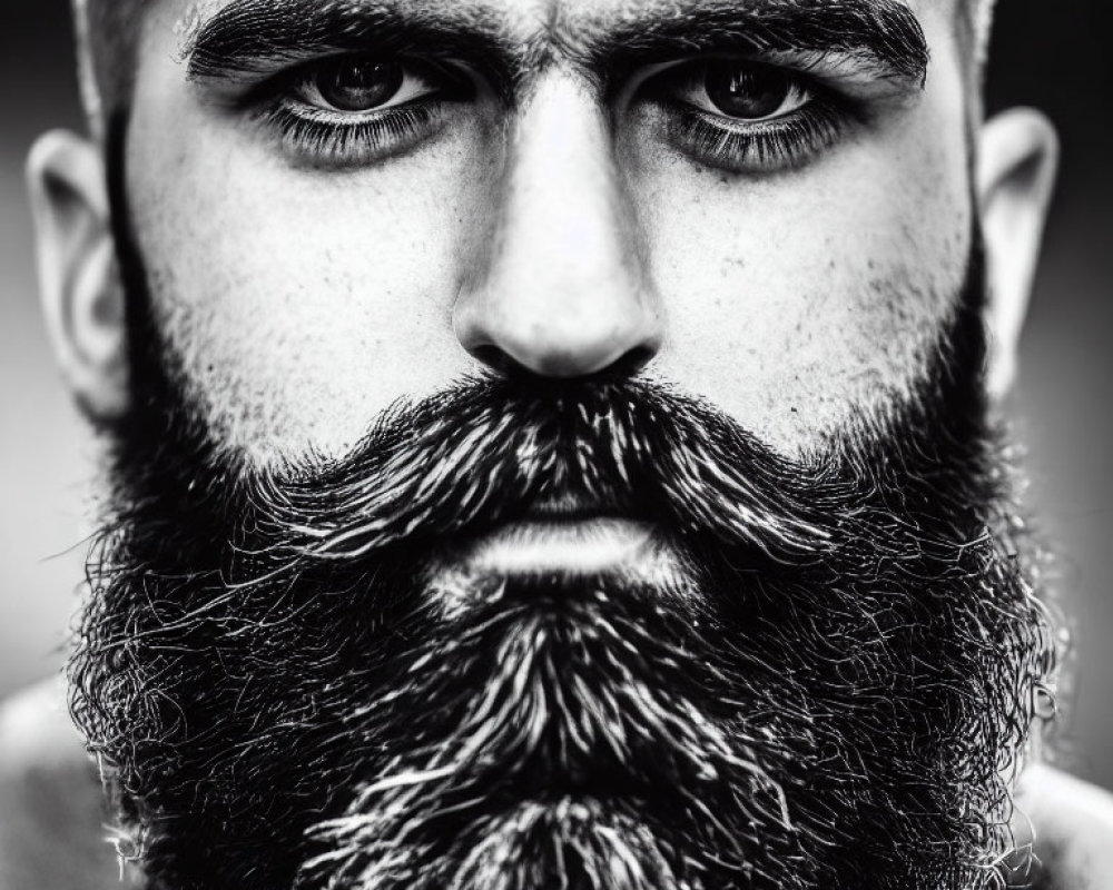 Intense gaze man with thick beard and mustache in high contrast black and white