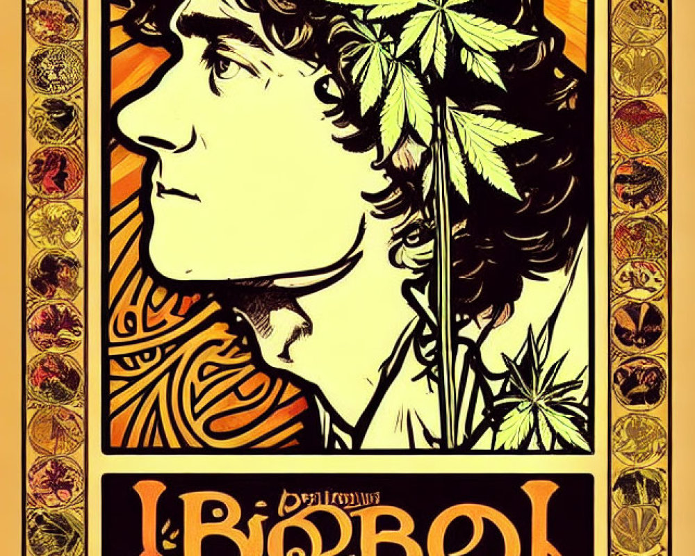 Male figure with cannabis leaf hair in Art Nouveau style poster.