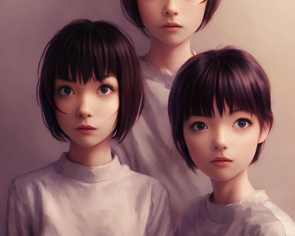 Three stylized girls with bob haircuts and large eyes in different expressions, wearing white tops on a