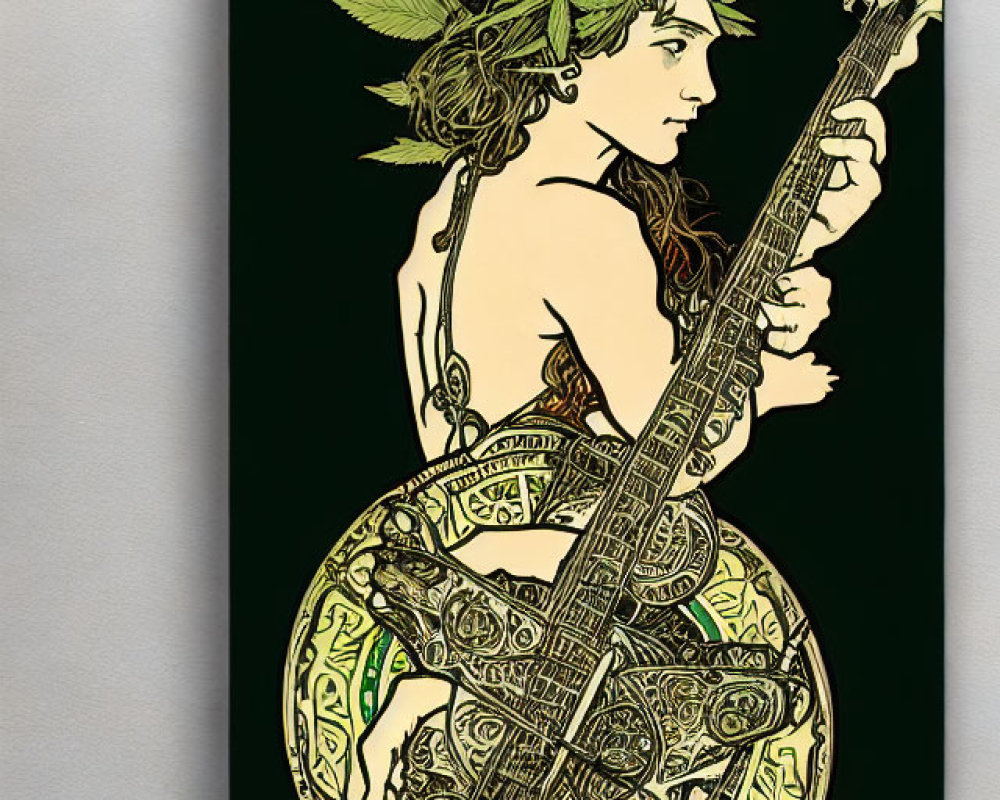 Stylized nude female figure with cannabis leaf adornments playing stringed instrument - Celtic patterns