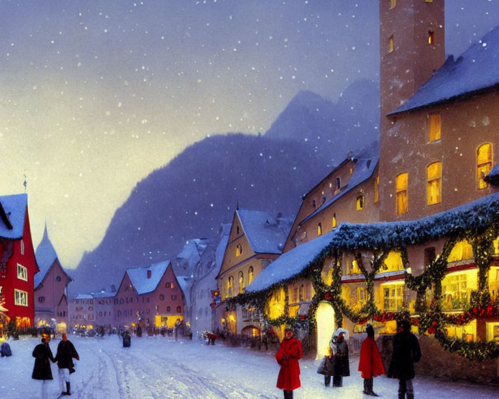 Snow-covered street at dusk with festive decorations and mountains in background