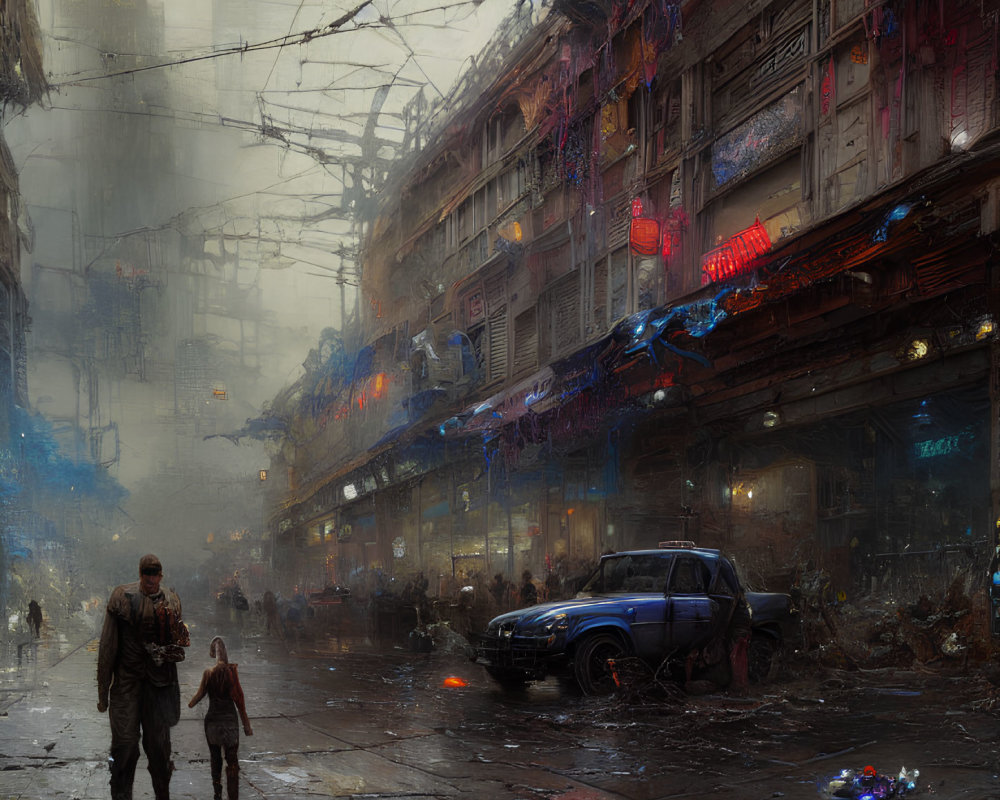 Man and child navigating dystopian cityscape with dilapidated buildings and neon signs.