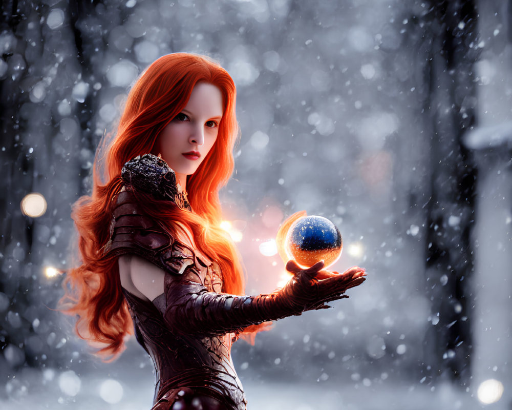 Red-Haired Woman with Glowing Orb in Snowy Forest