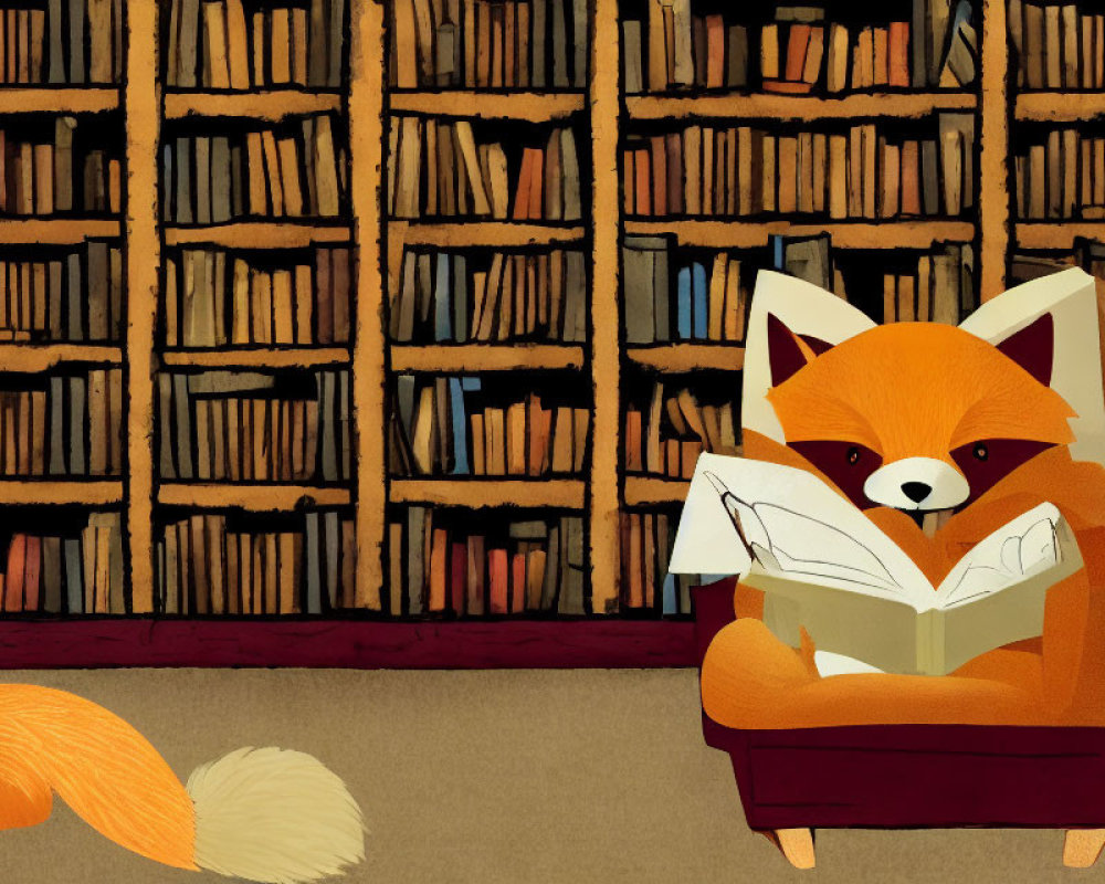 Animated fox reading surrounded by towering bookshelves