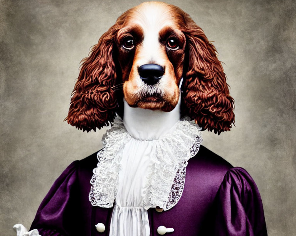 Whimsical portrait of dog in historical attire with ruffled collar & purple coat