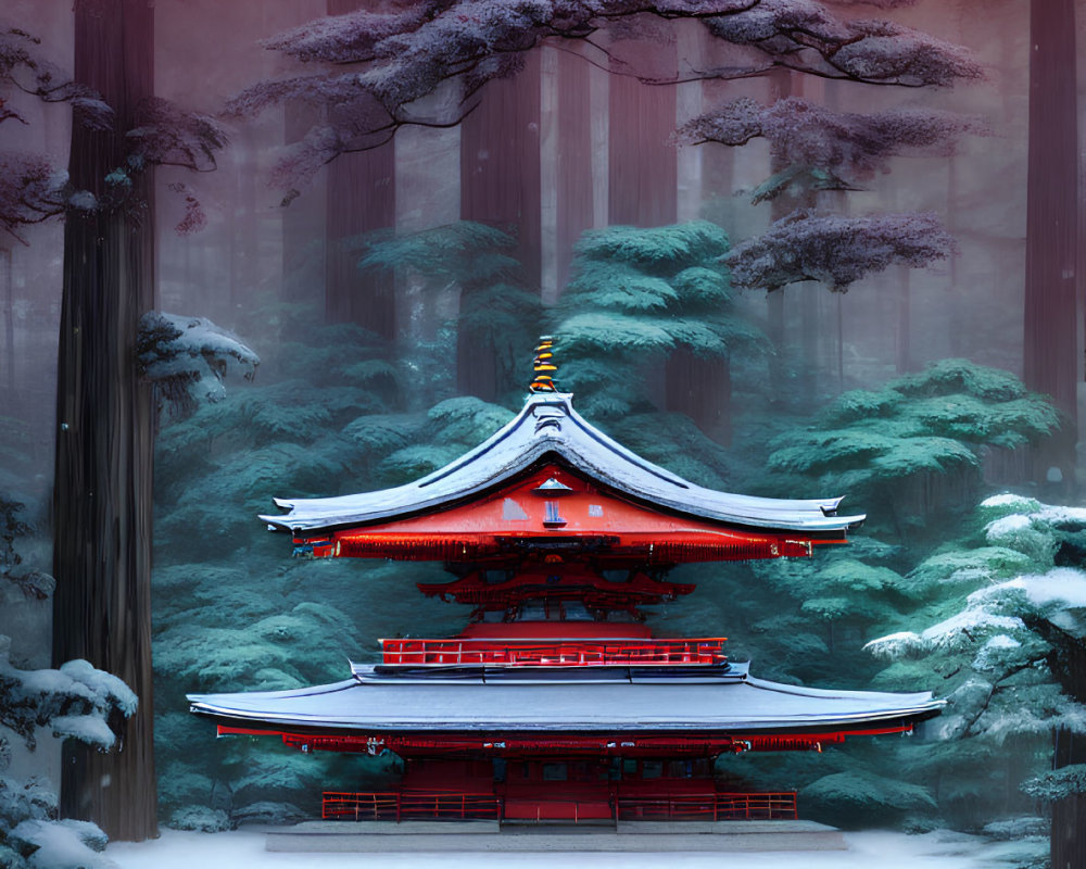 Snowy landscape with red pagoda and two figures in falling snow