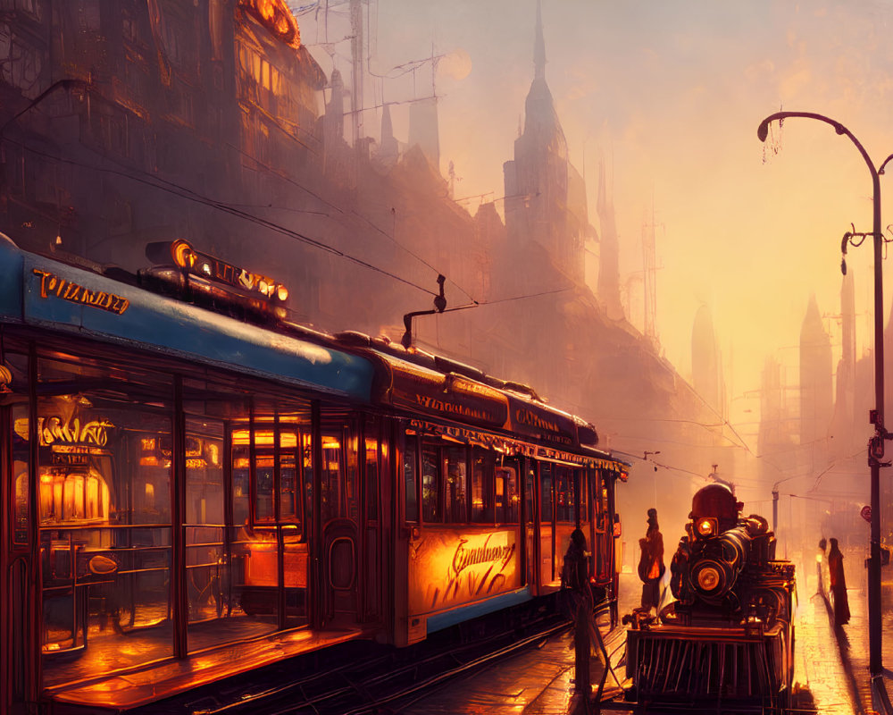 Vintage Tram on Deserted City Street at Sunset with Retro-Futuristic Cityscape