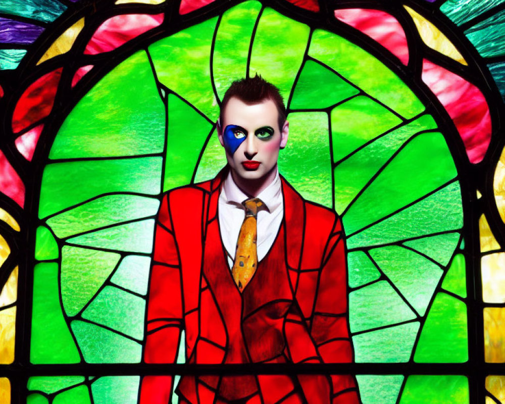 Person in red suit with dramatic face paint against stained glass background