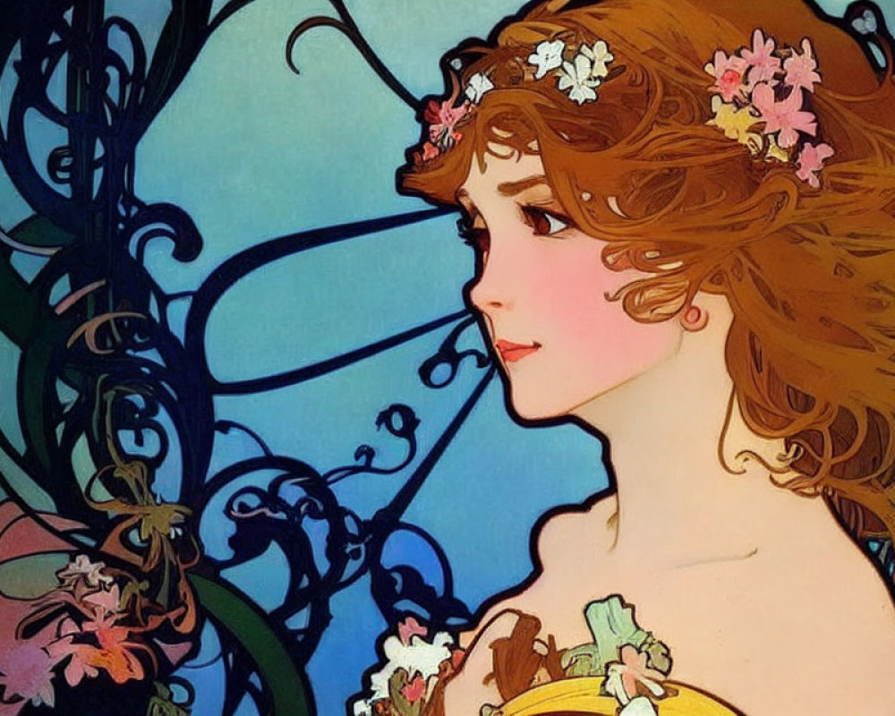 Woman with flowing hair and floral adornments in Art Nouveau style illustration