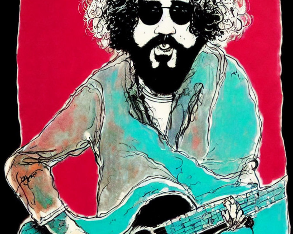 Vibrant illustration: person with curly hair playing guitar on red background