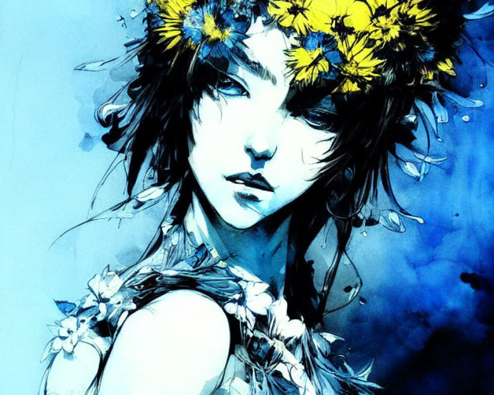 Stylized painting of a person with yellow flower crown in vibrant blue and black watercolor palette