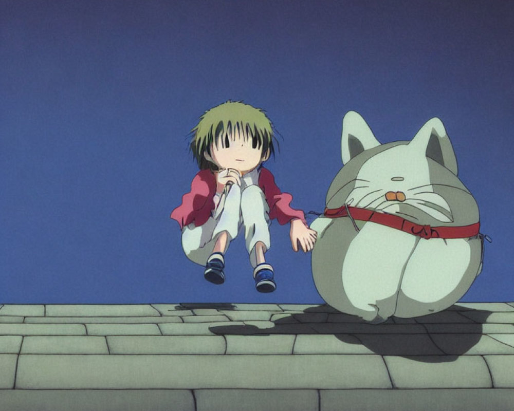 Girl and White Cat with Red Collar Sitting on Roof under Clear Blue Sky