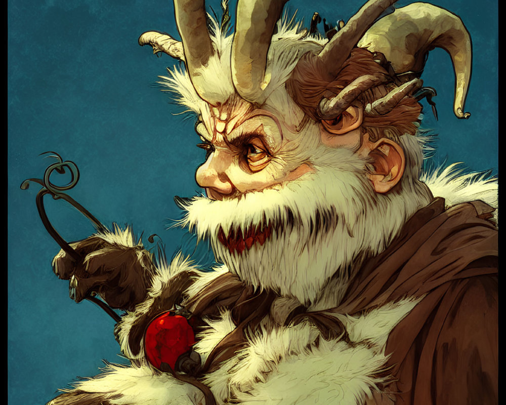 Fantasy creature with goat-like horns and red orb.