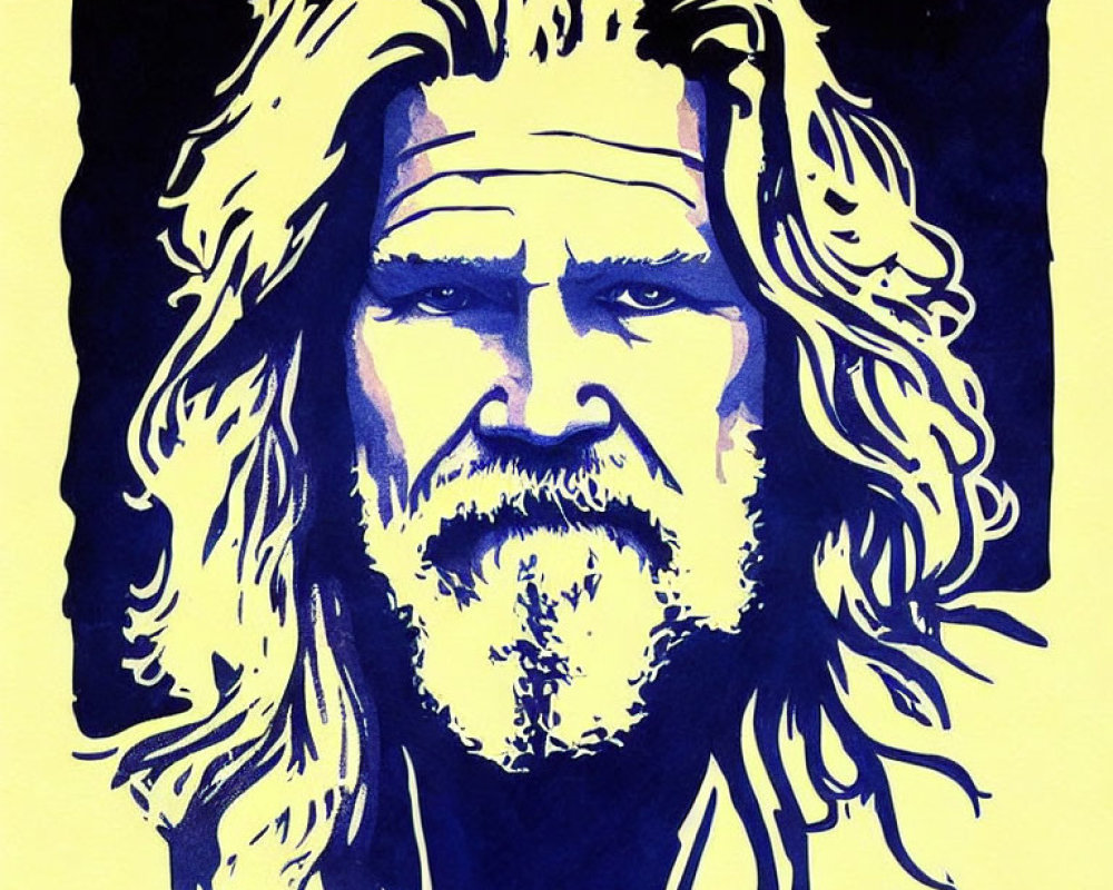 Detailed blue and white illustration of a contemplative man with long wavy hair and full beard
