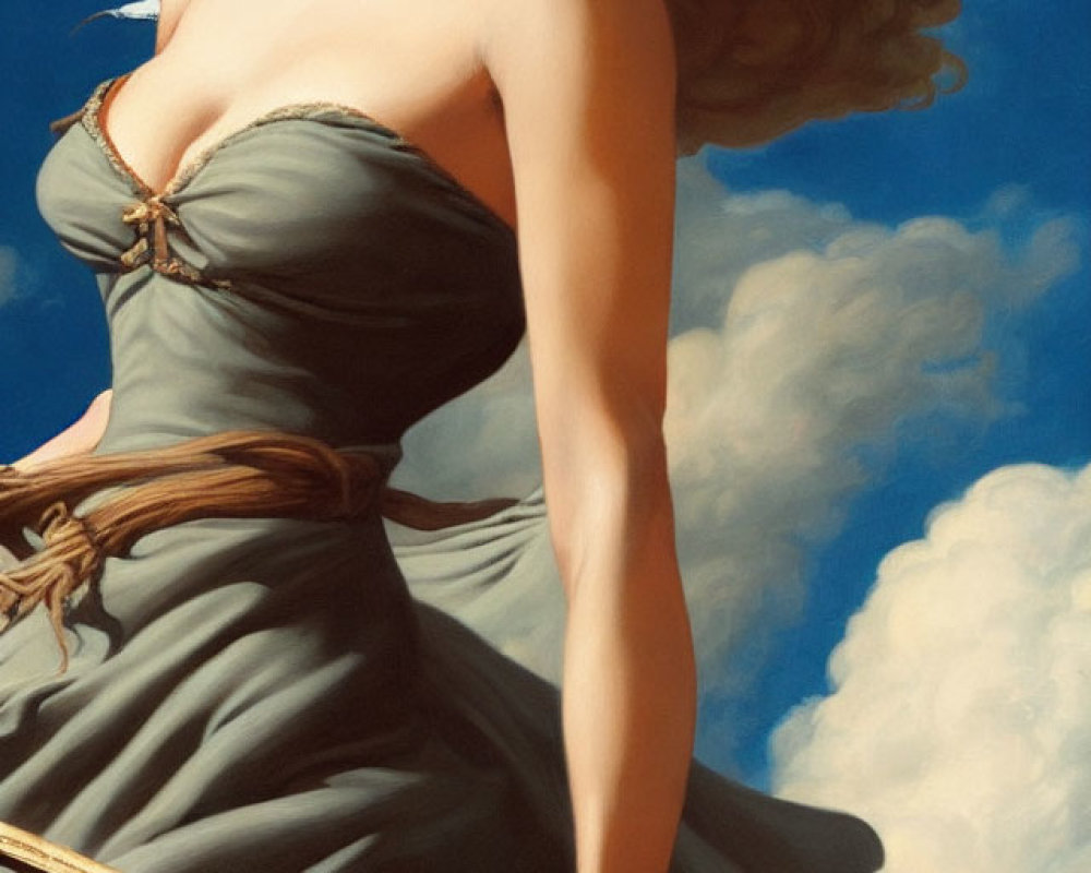 Woman with curly hair holding a sword in green dress under cloudy sky